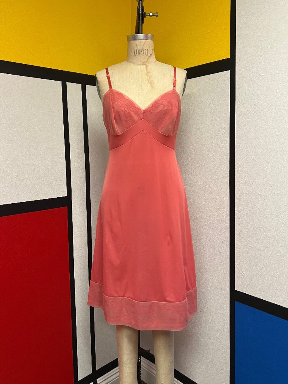 EUC Vintage 1960s Vanity Fair Lace Chiffon Dyed Coral Slip Dress 36 Medium
